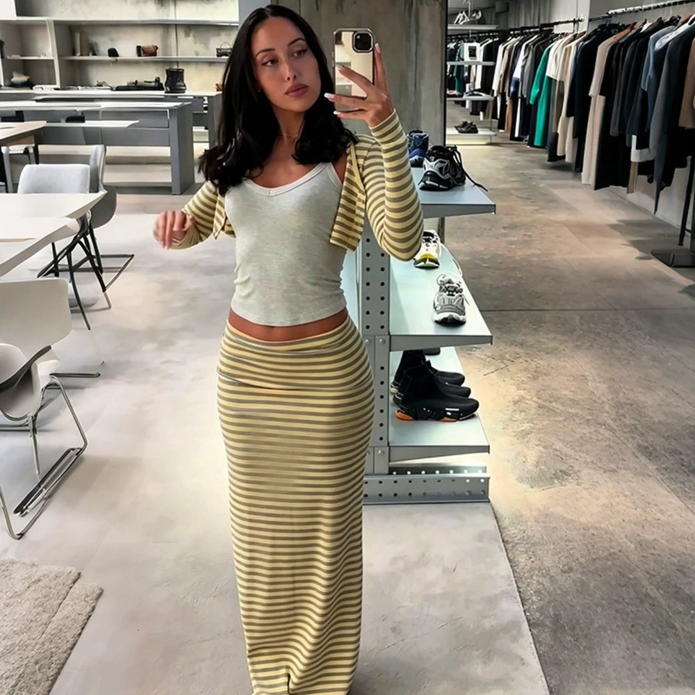 Zara Fall Striped Round Neck Short Cardigan Long Bodycon Skirt 2-Piece Set